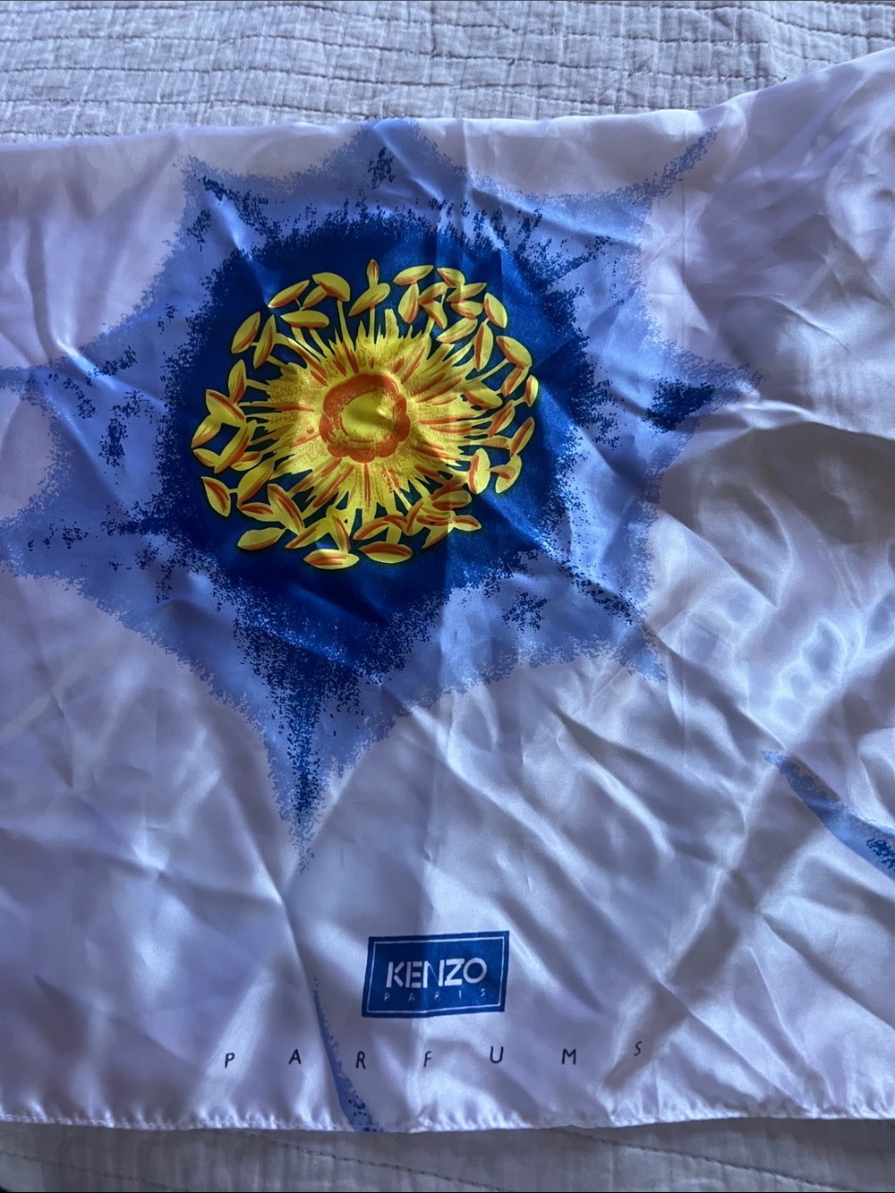 Kenzo perfume, vintage scarf,- in Blue and Yellow -green